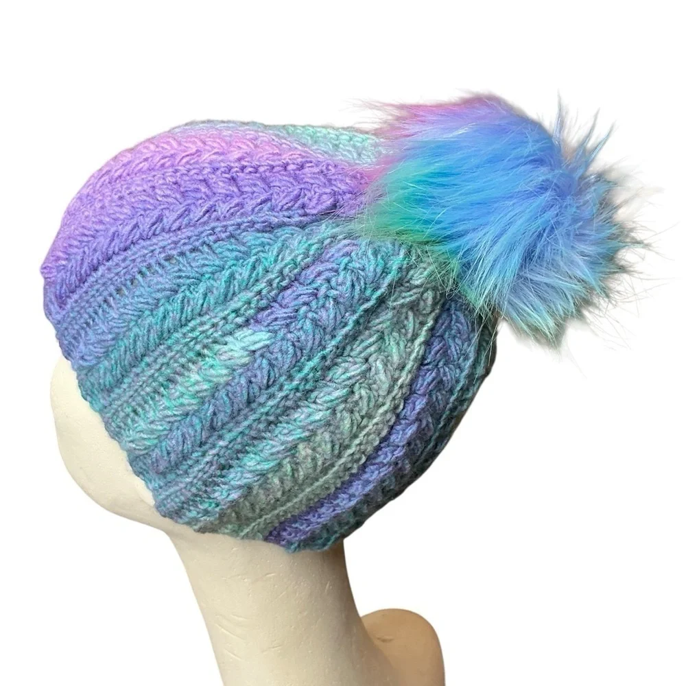 Handcrafted Crochet Winter Hat Blue Purple Snowy Wheat Knit Beanie with Pom Pom